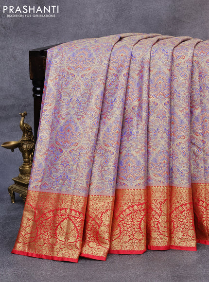 Tissue semi kanjivaram saree beige blue and red with allover brocade weaves and zari woven border