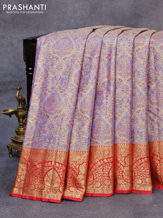 Tissue semi kanjivaram saree beige blue and red with allover brocade weaves and zari woven border