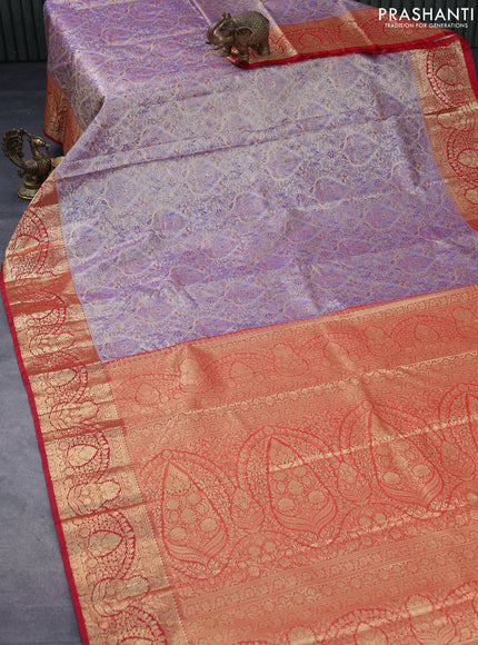 Tissue semi kanjivaram saree beige blue and red with allover brocade weaves and zari woven border