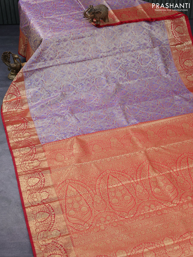 Tissue semi kanjivaram saree beige blue and red with allover brocade weaves and zari woven border
