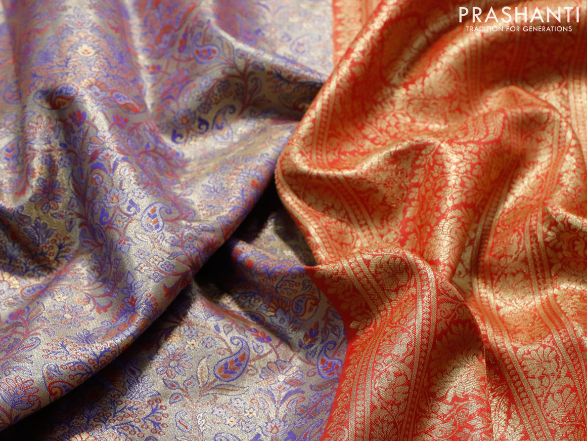 Tissue semi kanjivaram saree beige blue and red with allover brocade weaves and zari woven border
