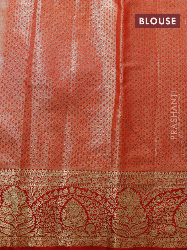 Tissue semi kanjivaram saree beige blue and red with allover brocade weaves and zari woven border