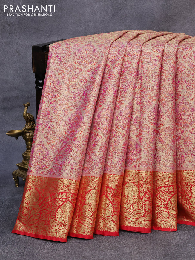Tissue semi kanjivaram saree beige purple and red with allover brocade weaves and zari woven border
