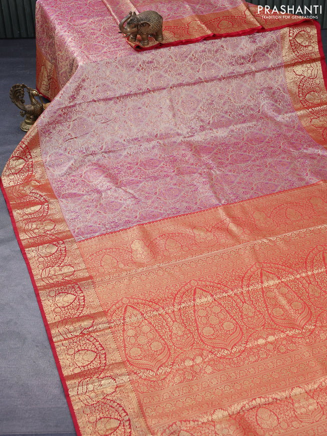 Tissue semi kanjivaram saree beige purple and red with allover brocade weaves and zari woven border