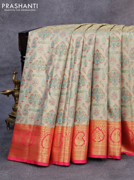 Tissue semi kanjivaram saree beige teal green and pink with allover brocade weaves and zari woven border