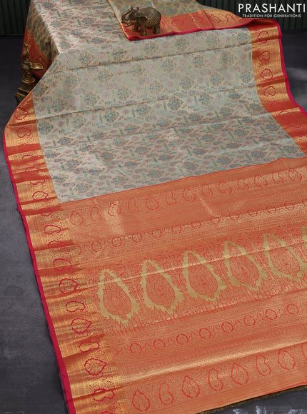 Tissue semi kanjivaram saree beige teal green and pink with allover brocade weaves and zari woven border