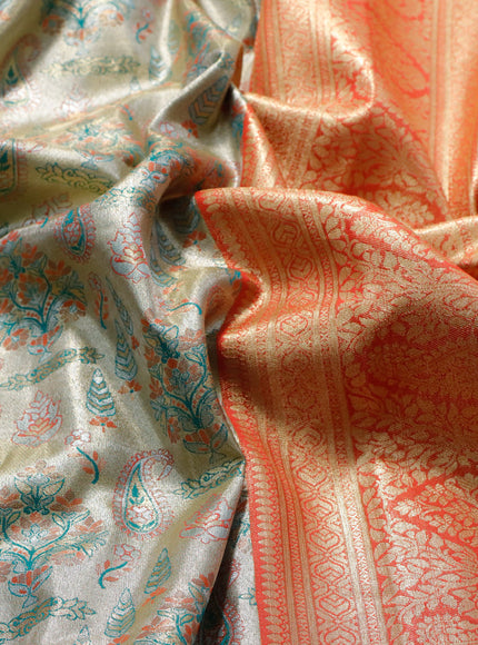 Tissue semi kanjivaram saree beige teal green and pink with allover brocade weaves and zari woven border