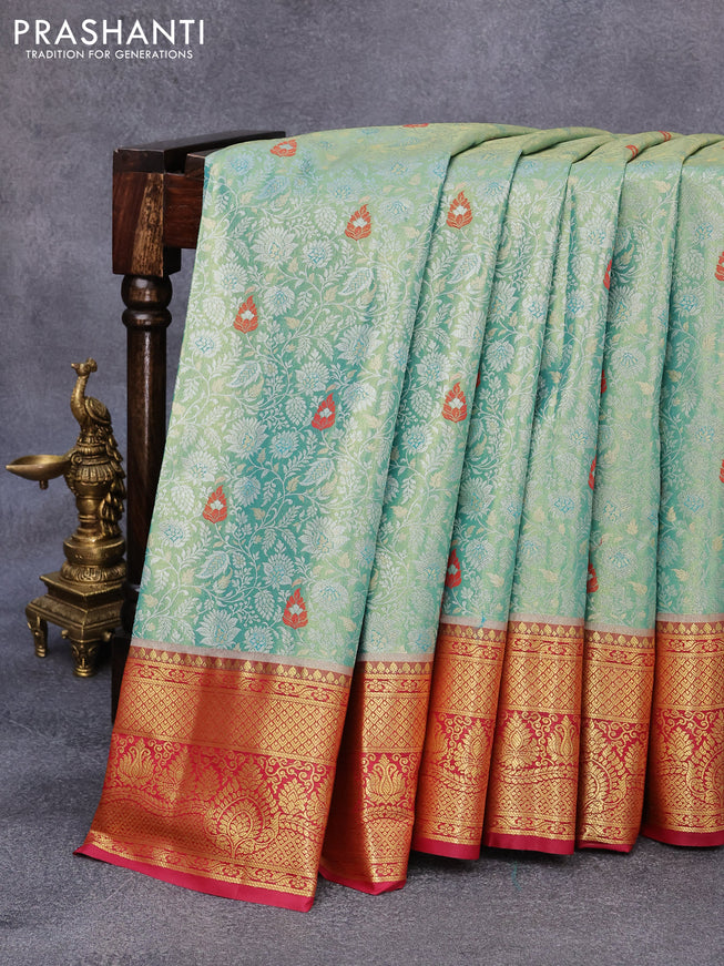 Tissue semi kanjivaram saree teal green and pink with allover brocade weaves and zari woven border