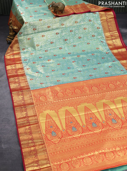 Tissue semi kanjivaram saree teal green and pink with allover brocade weaves and zari woven border