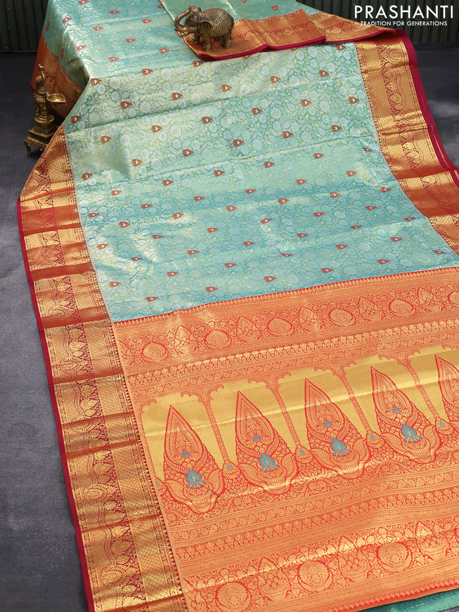 Tissue semi kanjivaram saree teal green and pink with allover brocade weaves and zari woven border