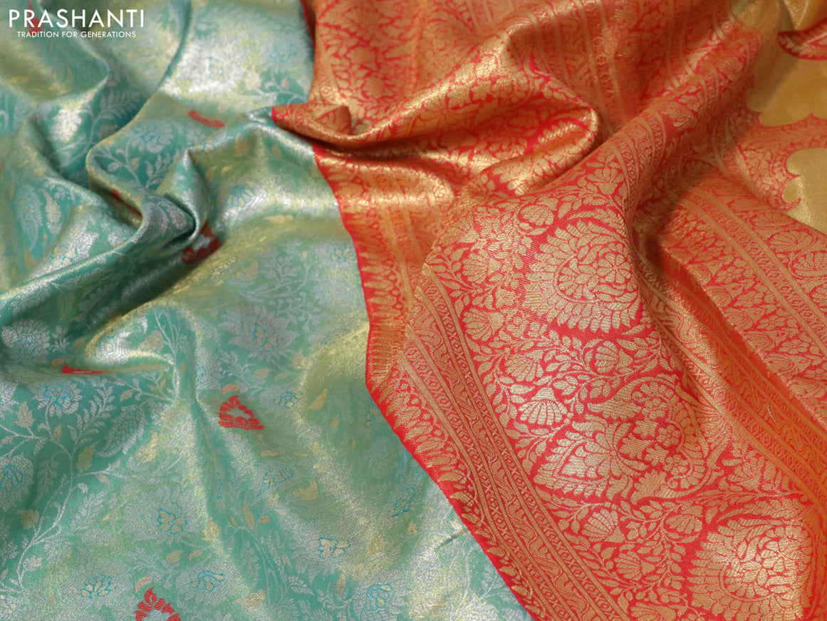 Tissue semi kanjivaram saree teal green and pink with allover brocade weaves and zari woven border