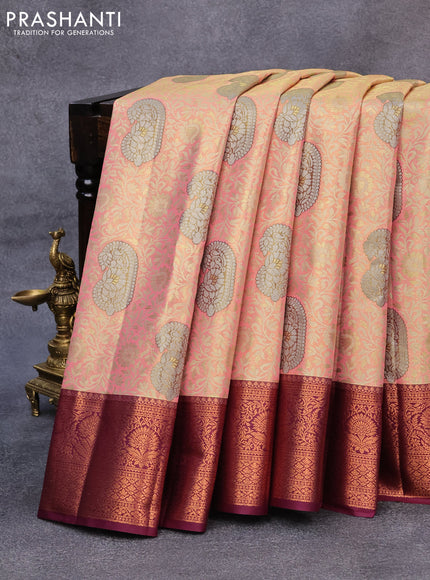 Tissue semi kanjivaram saree peach pink and purple with allover brocade weaves and copper zari woven border