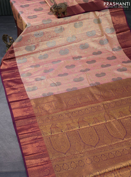 Tissue semi kanjivaram saree peach pink and purple with allover brocade weaves and copper zari woven border