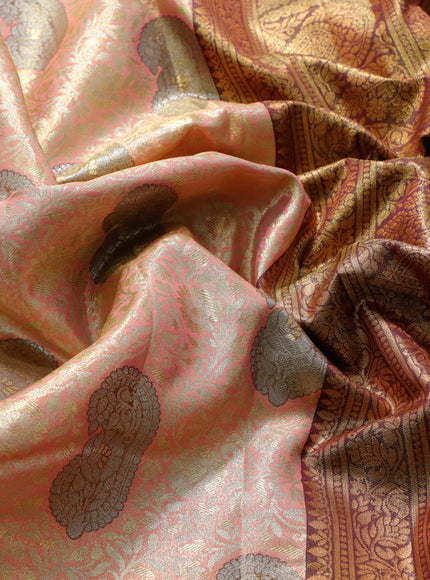 Tissue semi kanjivaram saree peach pink and purple with allover brocade weaves and copper zari woven border