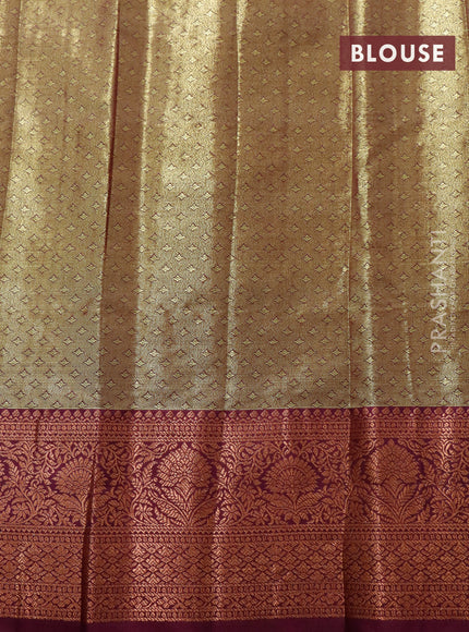 Tissue semi kanjivaram saree peach pink and purple with allover brocade weaves and copper zari woven border