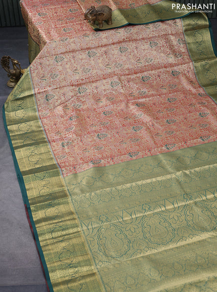 Tissue semi kanjivaram saree beige red and green with allover brocade weaves and zari woven border