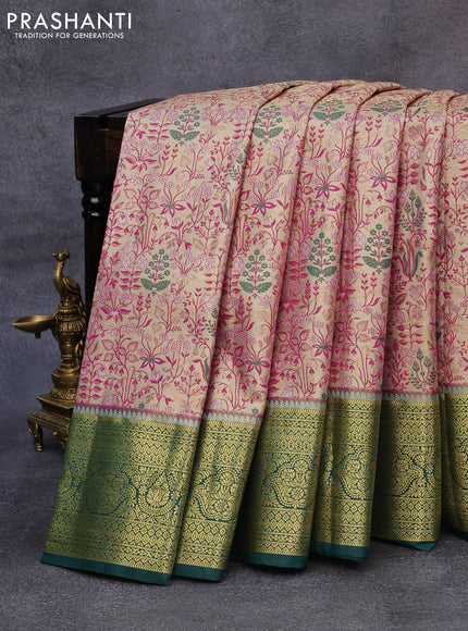 Tissue semi kanjivaram saree beige pink and green with allover brocade weaves and zari woven border