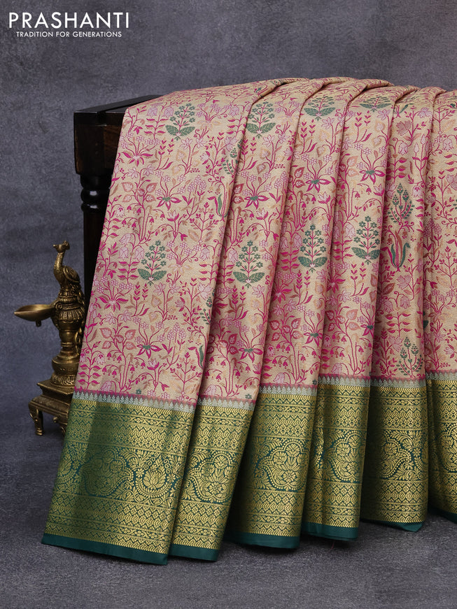 Tissue semi kanjivaram saree beige pink and green with allover brocade weaves and zari woven border