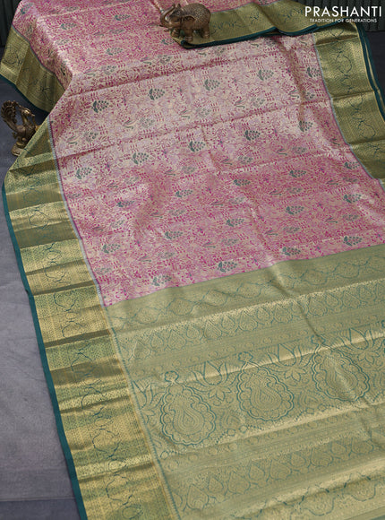 Tissue semi kanjivaram saree beige pink and green with allover brocade weaves and zari woven border