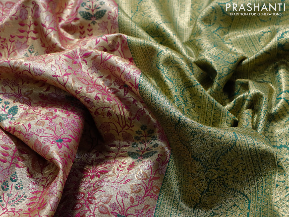 Tissue semi kanjivaram saree beige pink and green with allover brocade weaves and zari woven border