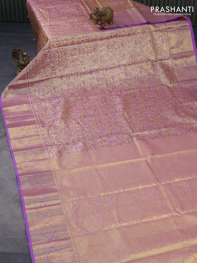 Tissue semi kanjivaram saree beige purple and lavender with allover brocade weaves and zari woven border
