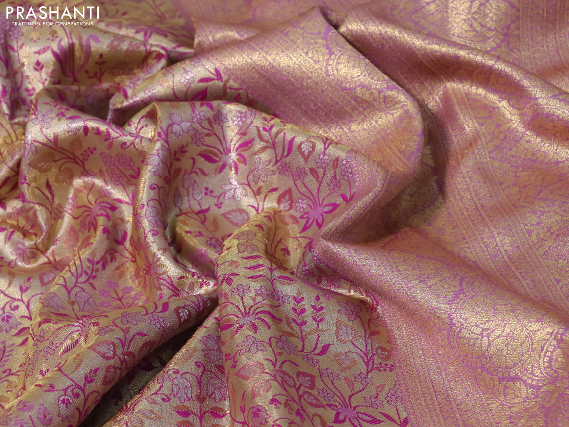 Tissue semi kanjivaram saree beige purple and lavender with allover brocade weaves and zari woven border