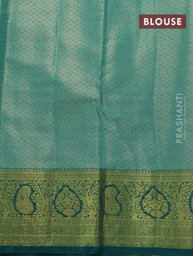 Tissue semi kanjivaram saree beige and teal blue with allover brocade weaves and zari woven border