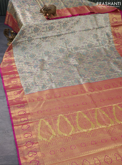 Tissue semi kanjivaram saree cream and magenta pink with allover brocade weaves and zari woven border