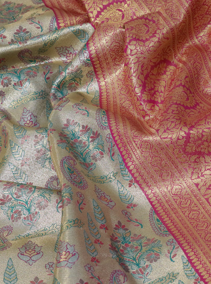 Tissue semi kanjivaram saree cream and magenta pink with allover brocade weaves and zari woven border