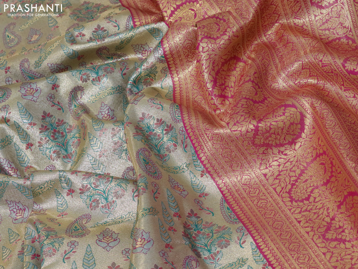 Tissue semi kanjivaram saree cream and magenta pink with allover brocade weaves and zari woven border