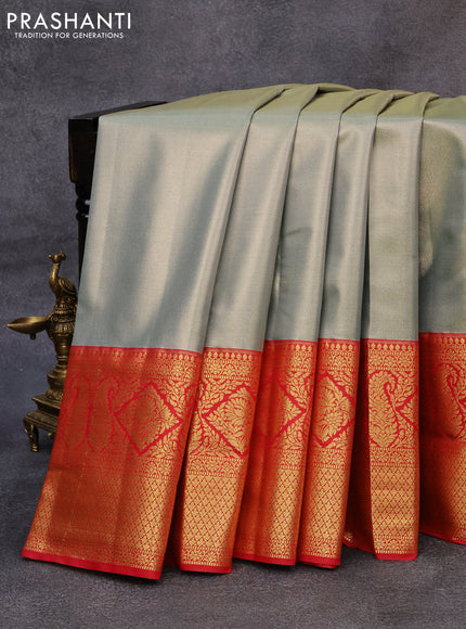 Tissue semi kanjivaram saree pastel blue and red with plain body and long zari woven border