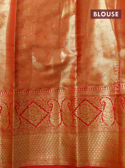 Tissue semi kanjivaram saree pastel blue and red with plain body and long zari woven border