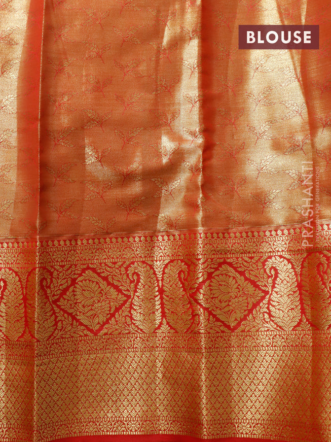 Tissue semi kanjivaram saree pastel blue and red with plain body and long zari woven border