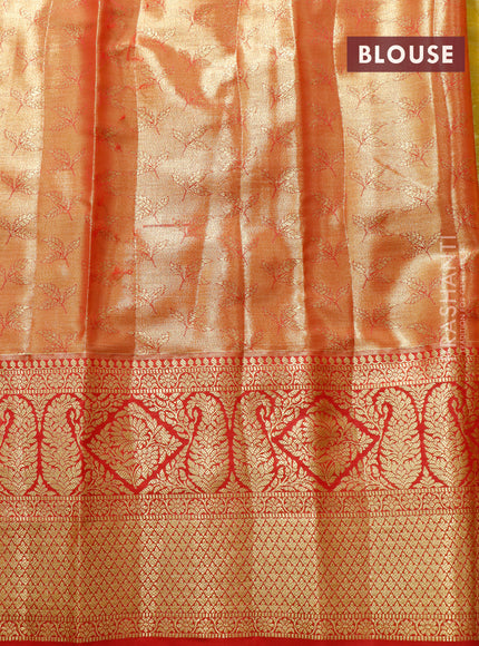 Tissue semi kanjivaram saree peach shade and red with plain body and long zari woven border