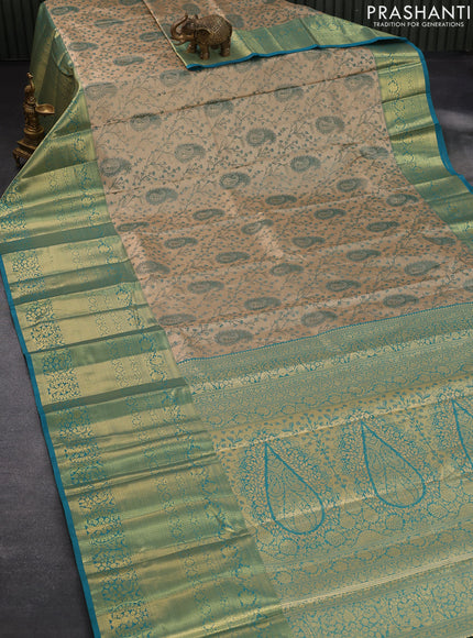 Tissue semi kanjivaram saree gold and teal blue with allover brocade weaves and long zari woven border