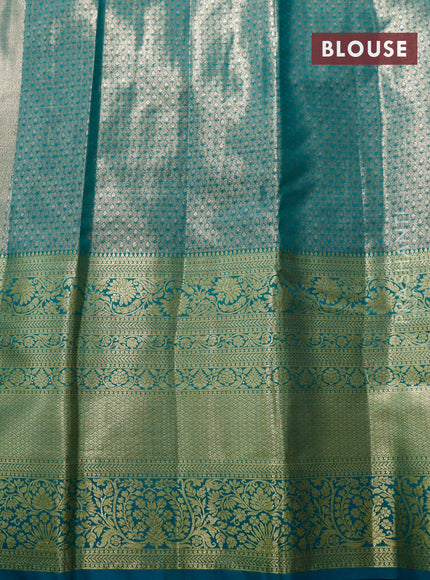 Tissue semi kanjivaram saree gold and teal blue with allover brocade weaves and long zari woven border