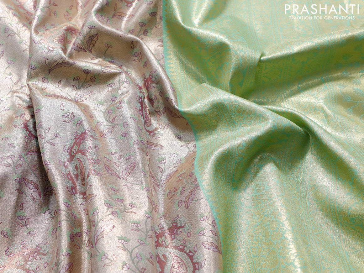 Tissue semi kanjivaram saree beige and light green with allover brocade weaves and long zari woven border