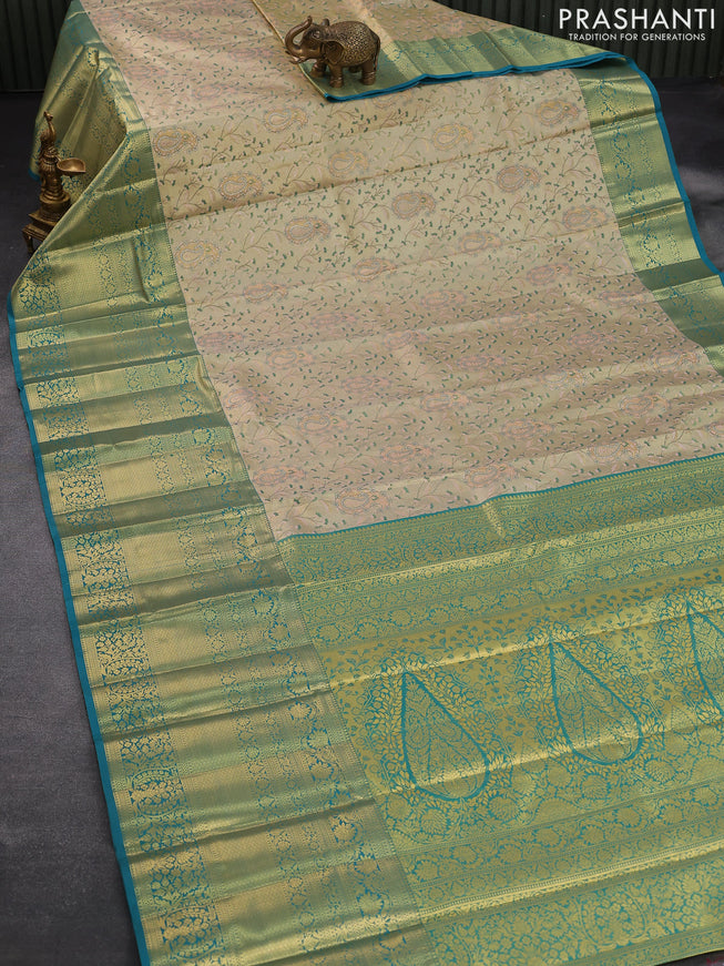 Tissue semi kanjivaram saree beige and teal blue with allover brocade weaves and long zari woven border