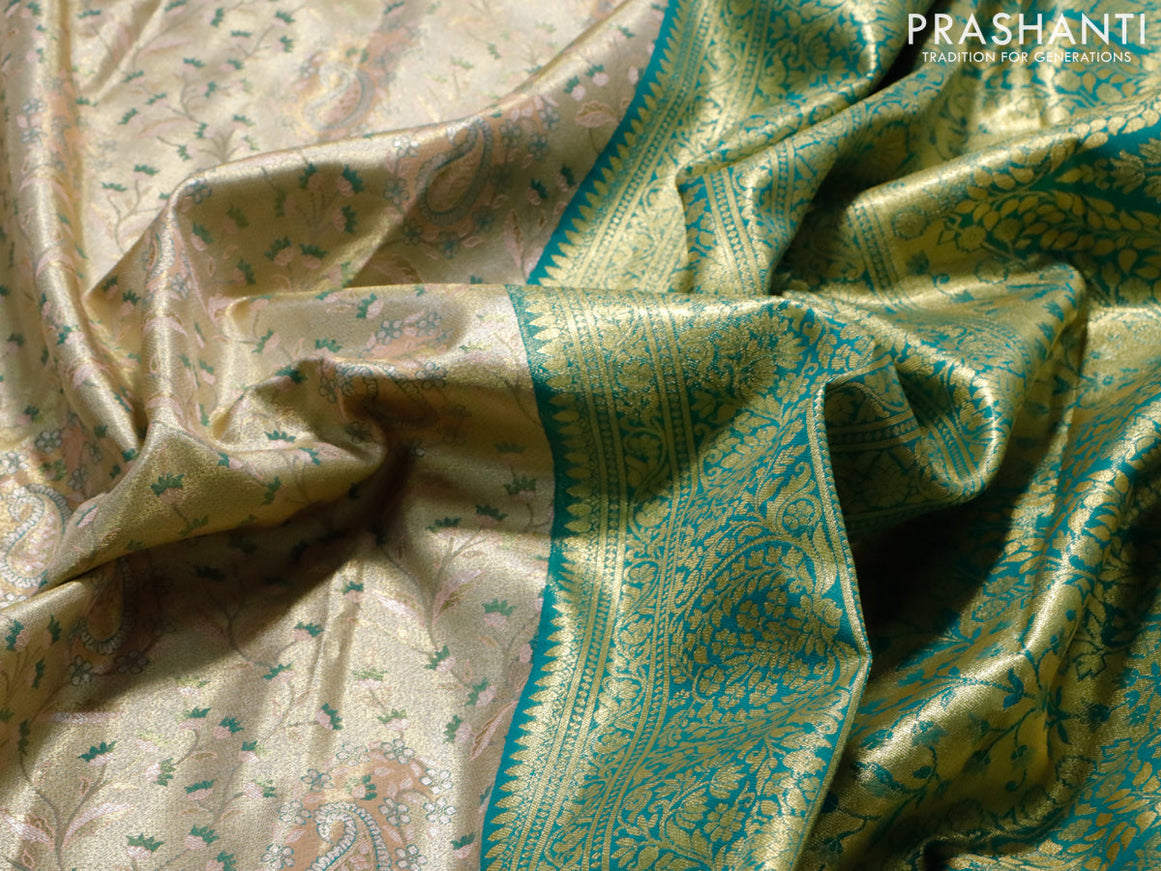 Tissue semi kanjivaram saree beige and teal blue with allover brocade weaves and long zari woven border