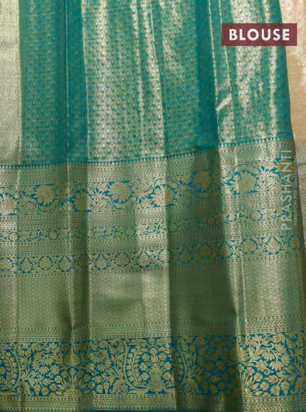 Tissue semi kanjivaram saree beige and teal blue with allover brocade weaves and long zari woven border