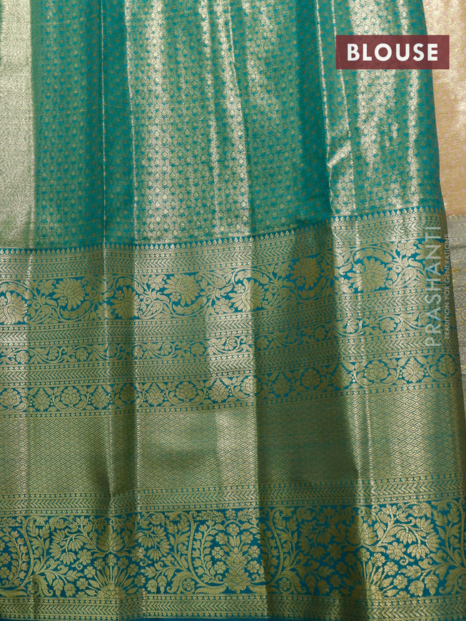 Tissue semi kanjivaram saree beige and teal blue with allover brocade weaves and long zari woven border