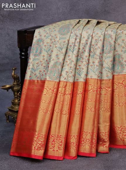 Tissue semi kanjivaram saree beige and red with allover brocade weaves and long zari woven border