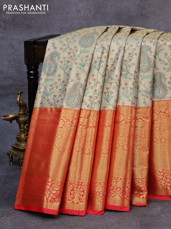 Tissue semi kanjivaram saree beige and red with allover brocade weaves and long zari woven border