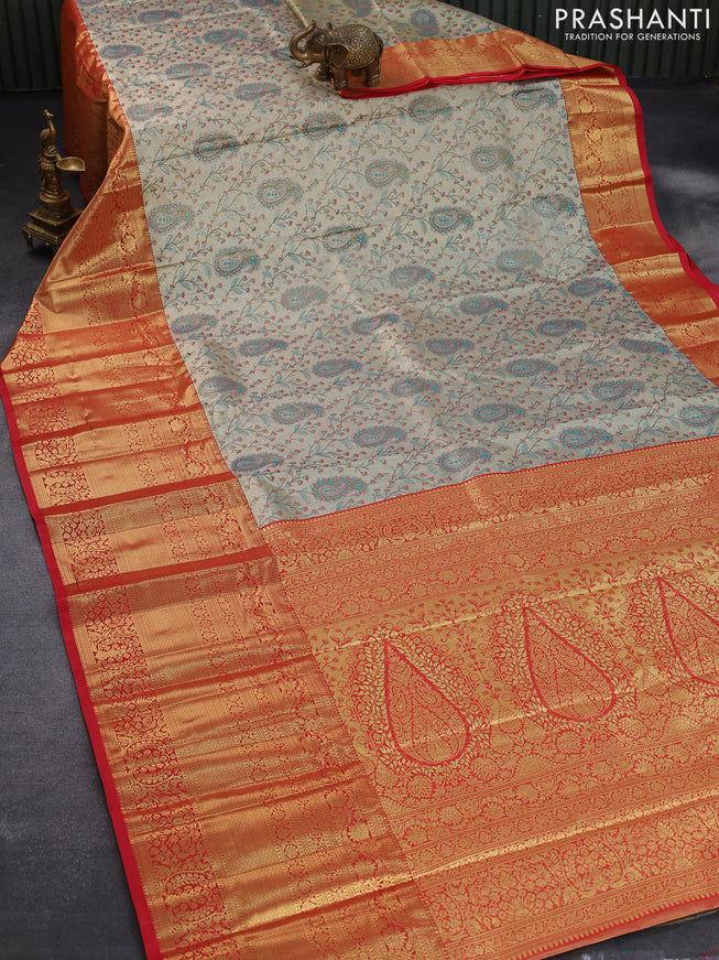 Tissue semi kanjivaram saree beige and red with allover brocade weaves and long zari woven border