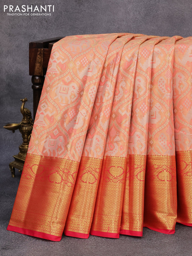 Tissue semi kanjivaram saree peach orange and pink with allover patola brocade weaves and long zari woven border