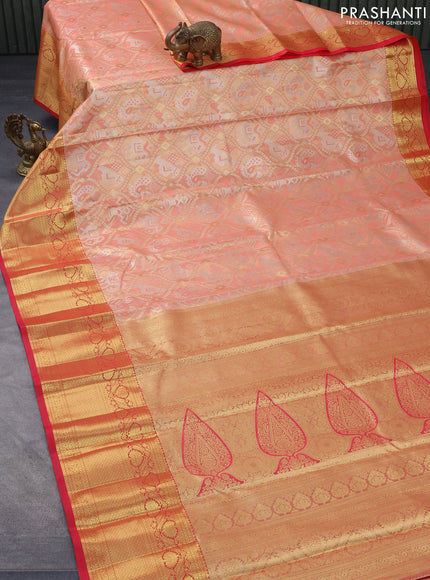 Tissue semi kanjivaram saree peach orange and pink with allover patola brocade weaves and long zari woven border