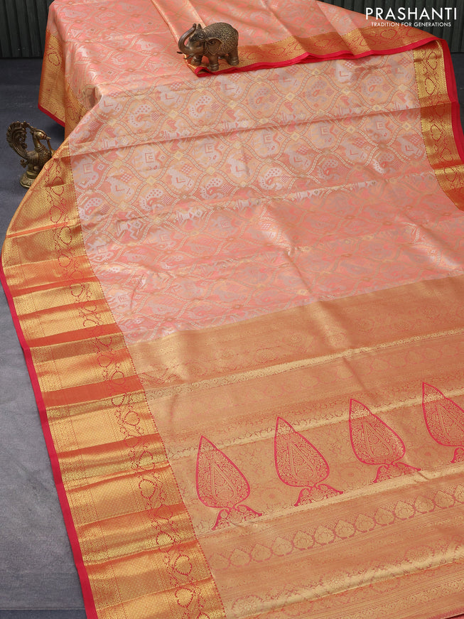 Tissue semi kanjivaram saree peach orange and pink with allover patola brocade weaves and long zari woven border