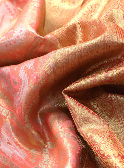 Tissue semi kanjivaram saree peach orange and pink with allover patola brocade weaves and long zari woven border