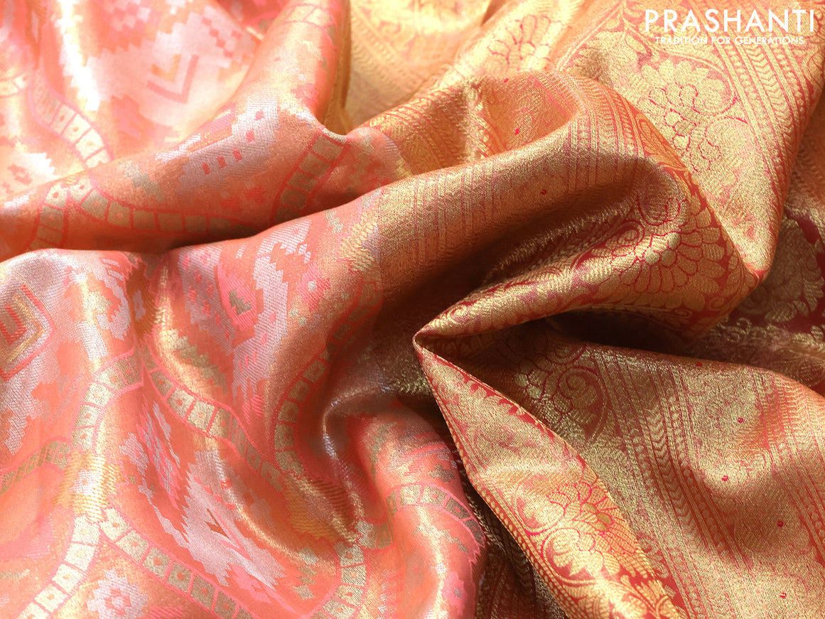 Tissue semi kanjivaram saree peach orange and pink with allover patola brocade weaves and long zari woven border