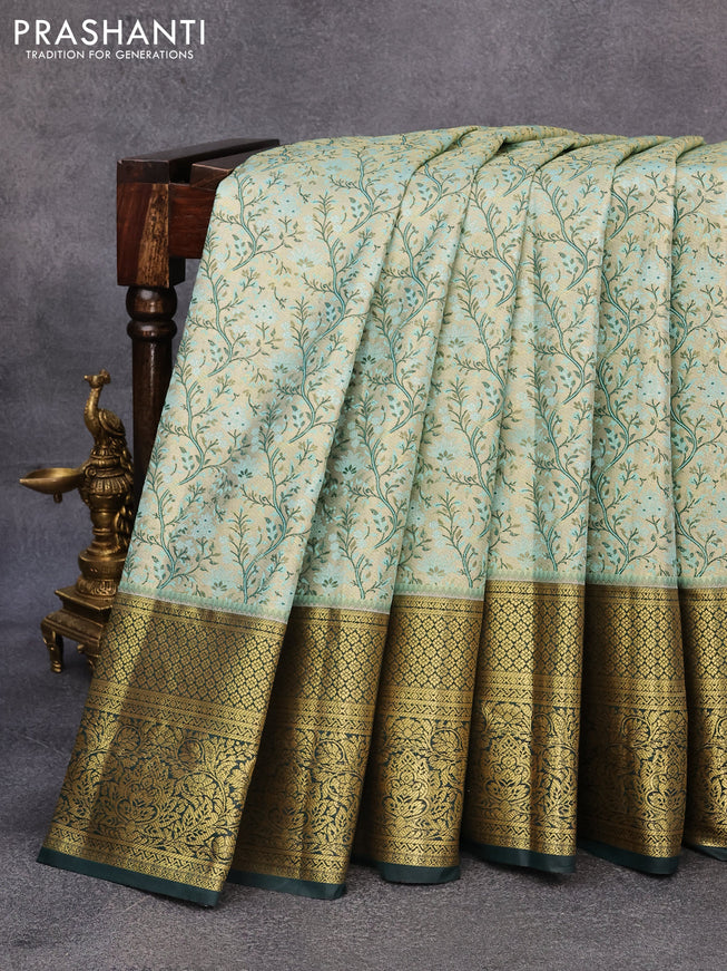 Tissue semi kanjivaram saree beige light blue and dark green with allover brocade weaves and zari woven border